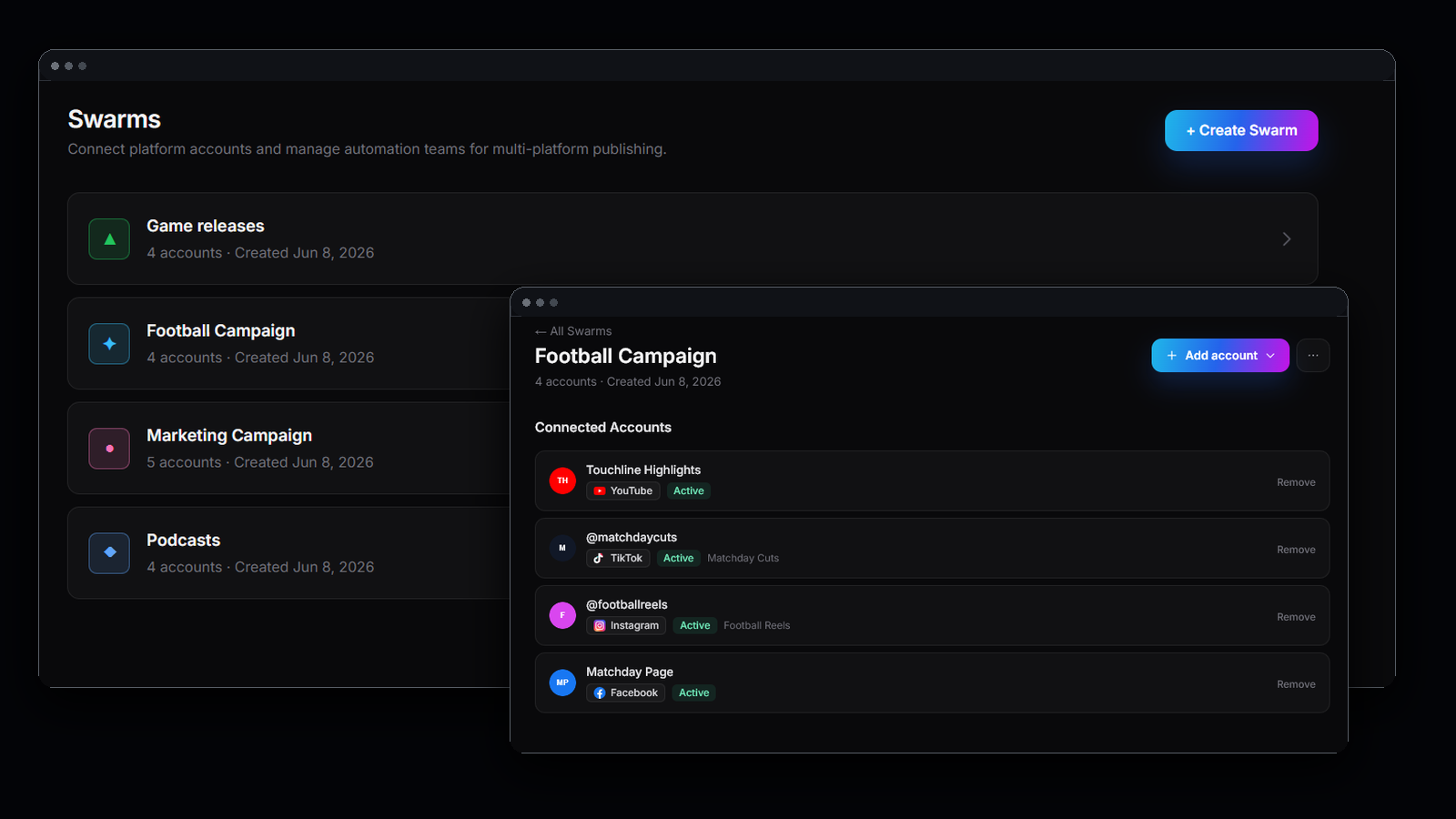 Videoblitz swarms dashboard showing reusable publishing swarms and connected platform accounts